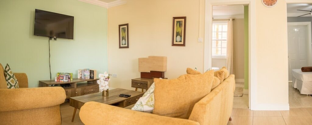 One Bedroom — living room with ceiling fan, TV and open kitchen